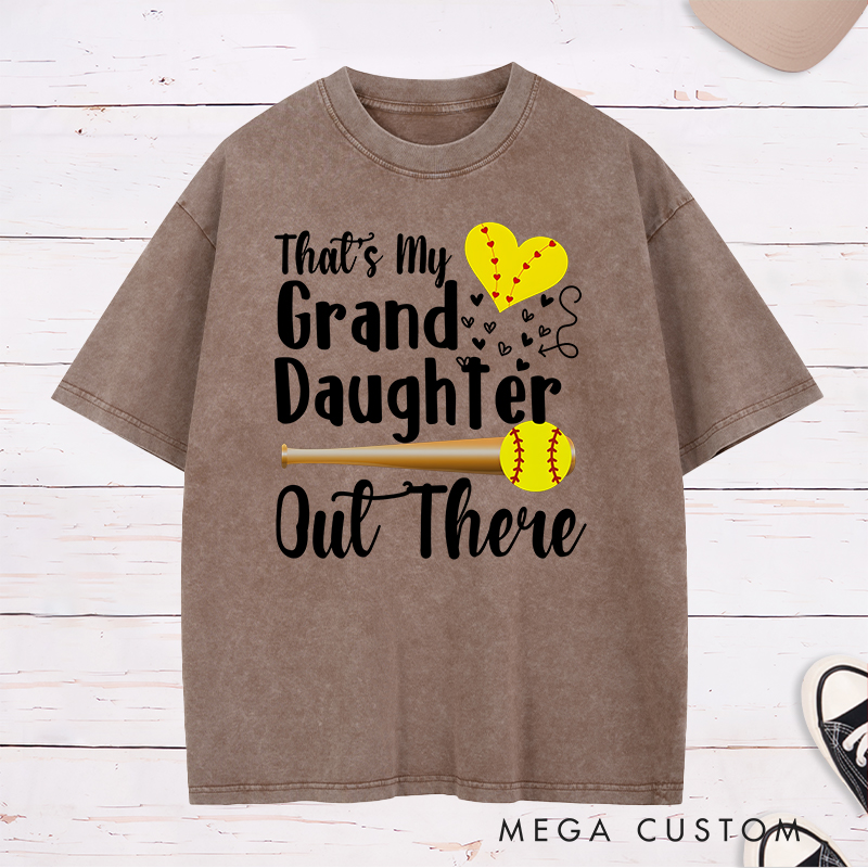 Personalized Softball Support Washed T-Shirt Design Featuring Customizable Text for Granddaughter or Other Titles Bold Typography Heart-Shaped Stitching Graphic Softball Bat and Ball Elements