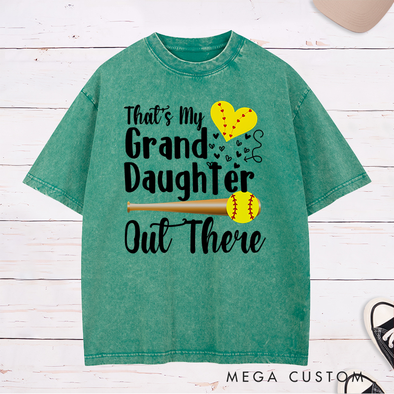 Personalized Softball Support Washed T-Shirt Design Featuring Customizable Text for Granddaughter or Other Titles Bold Typography Heart-Shaped Stitching Graphic Softball Bat and Ball Elements