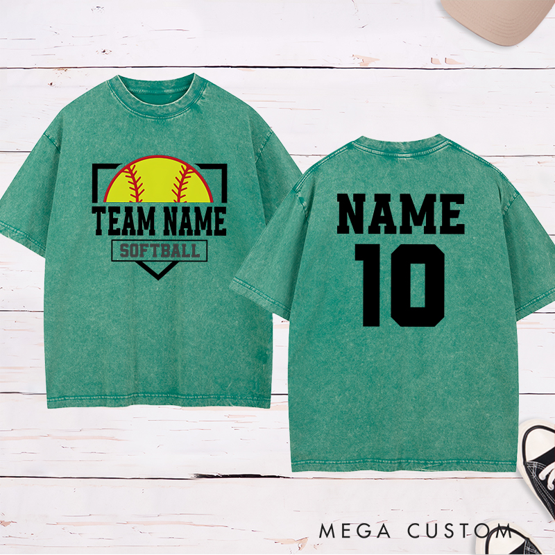 Personalized Softball Team Washed T-Shirt Design Featuring Custom Team Name Player Name and Number with Bold Graphics