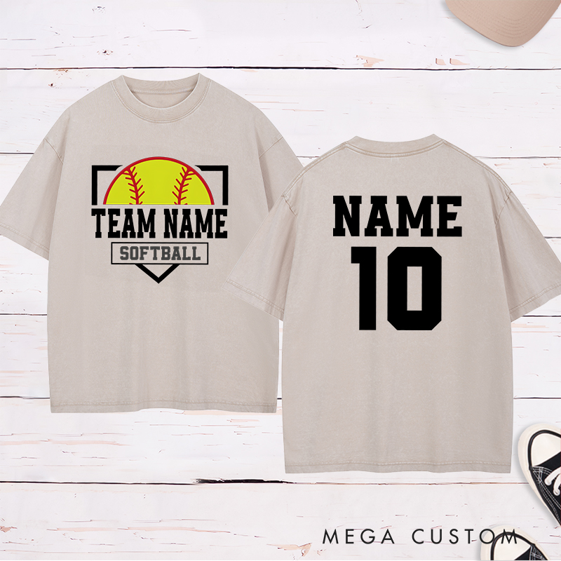 Personalized Softball Team Washed T-Shirt Design Featuring Custom Team Name Player Name and Number with Bold Graphics