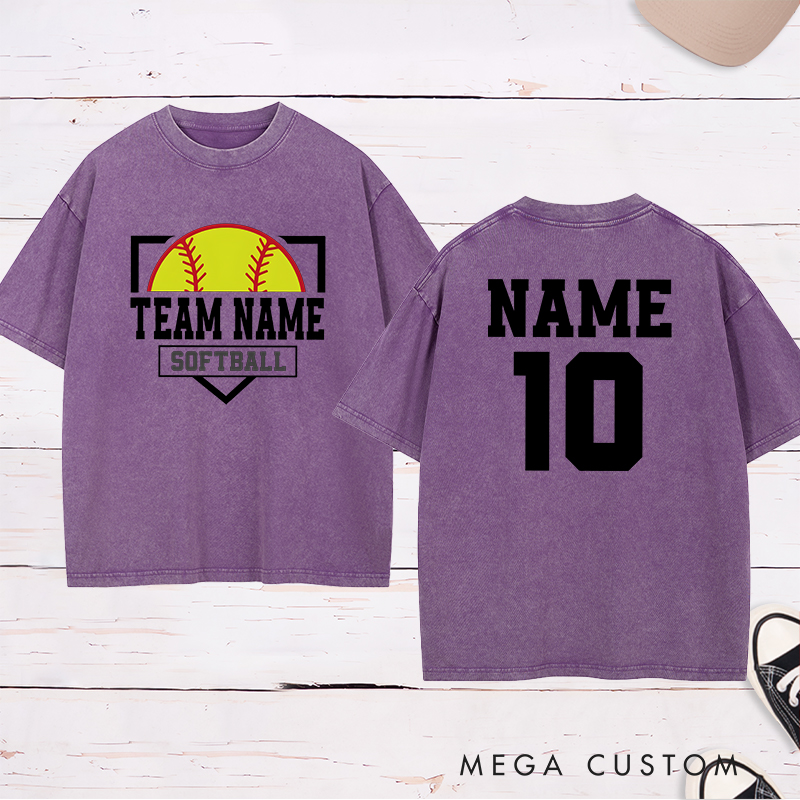 Personalized Softball Team Washed T-Shirt Design Featuring Custom Team Name Player Name and Number with Bold Graphics