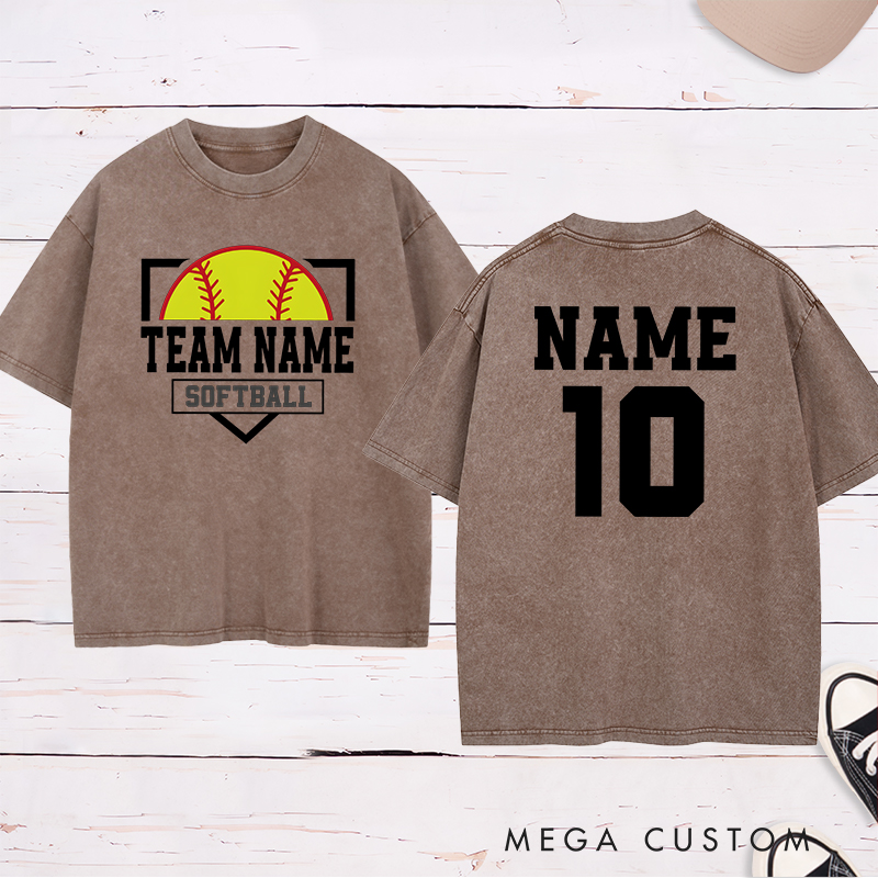 Personalized Softball Team Washed T-Shirt Design Featuring Custom Team Name Player Name and Number with Bold Graphics