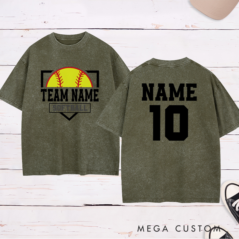 Personalized Softball Team Washed T-Shirt Design Featuring Custom Team Name Player Name and Number with Bold Graphics