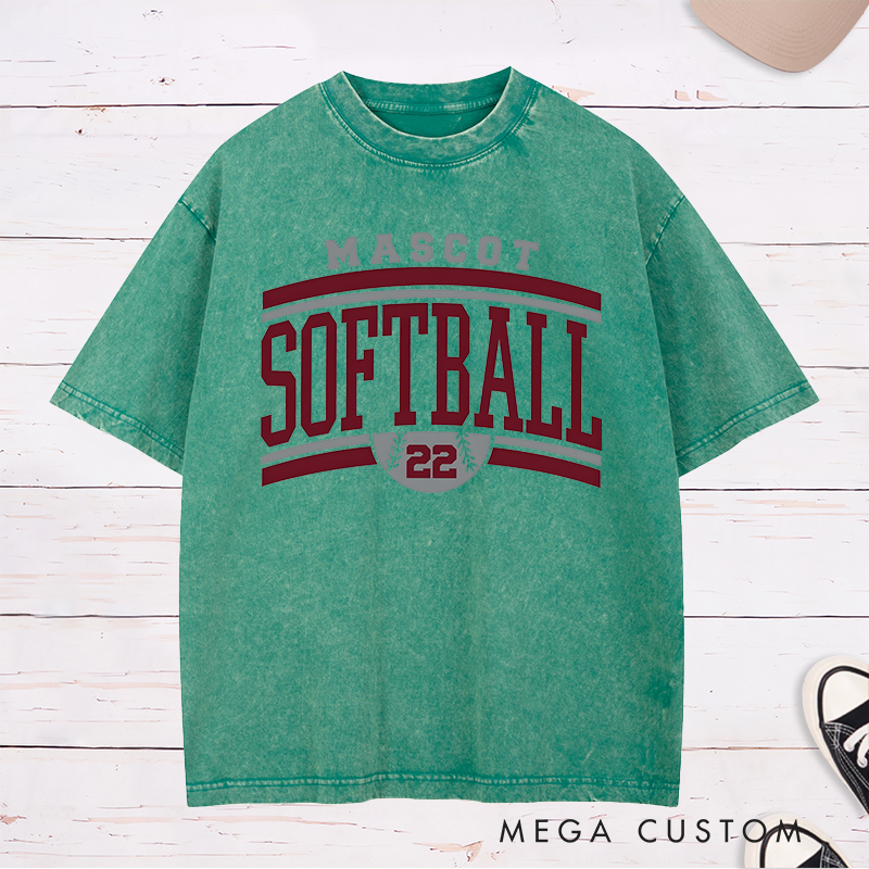 Personalized Softball Team Washed T-Shirt Design Featuring Custom Team Name Bold Typography and Customizable Jersey Number Integration