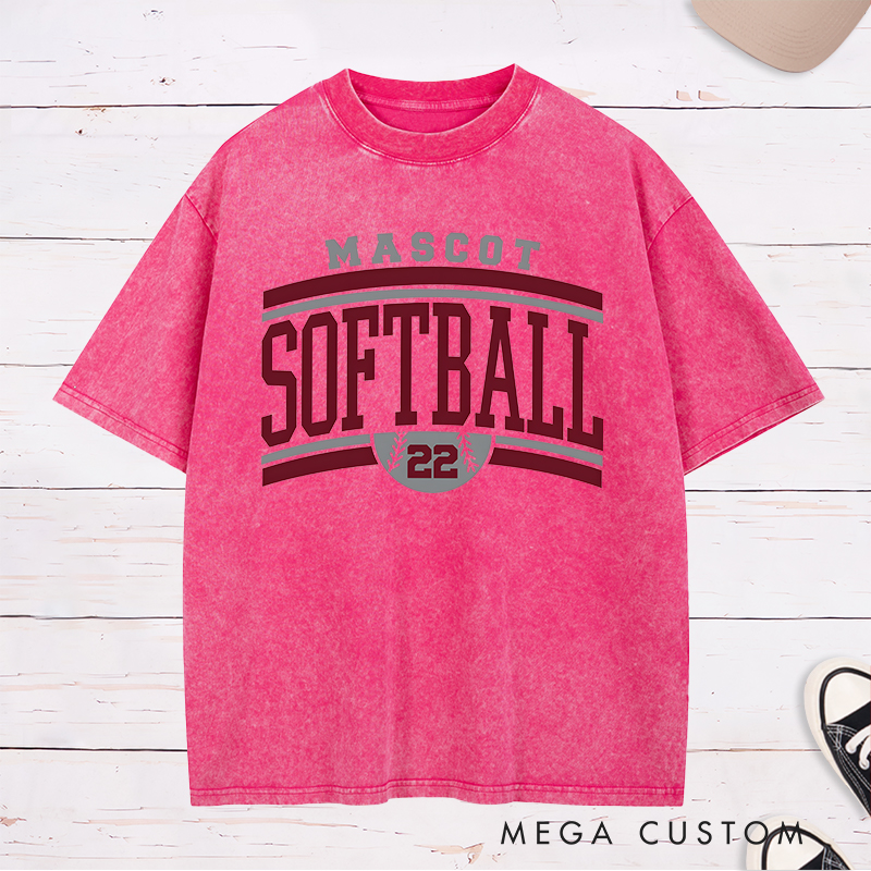 Personalized Softball Team Washed T-Shirt Design Featuring Custom Team Name Bold Typography and Customizable Jersey Number Integration