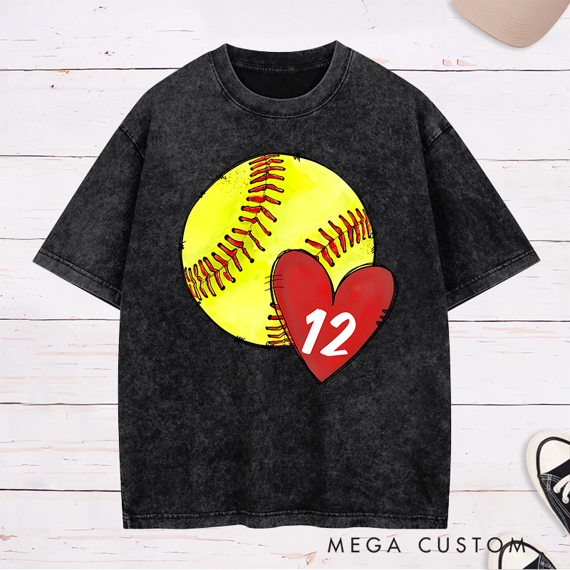 Personalized Softball Washed T-Shirt Design Featuring Hand-Drawn Softball Graphic Heart Element and Customizable Player Jersey Number for a Unique Supportive Look