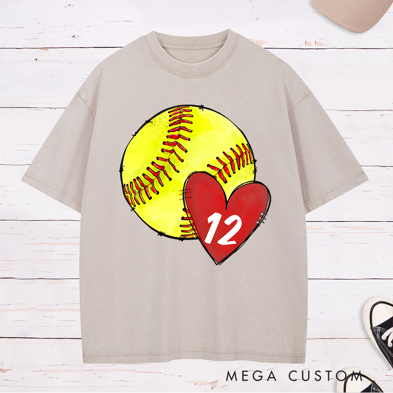 Personalized Softball Washed T-Shirt Design Featuring Hand-Drawn Softball Graphic Heart Element and Customizable Player Jersey Number for a Unique Supportive Look