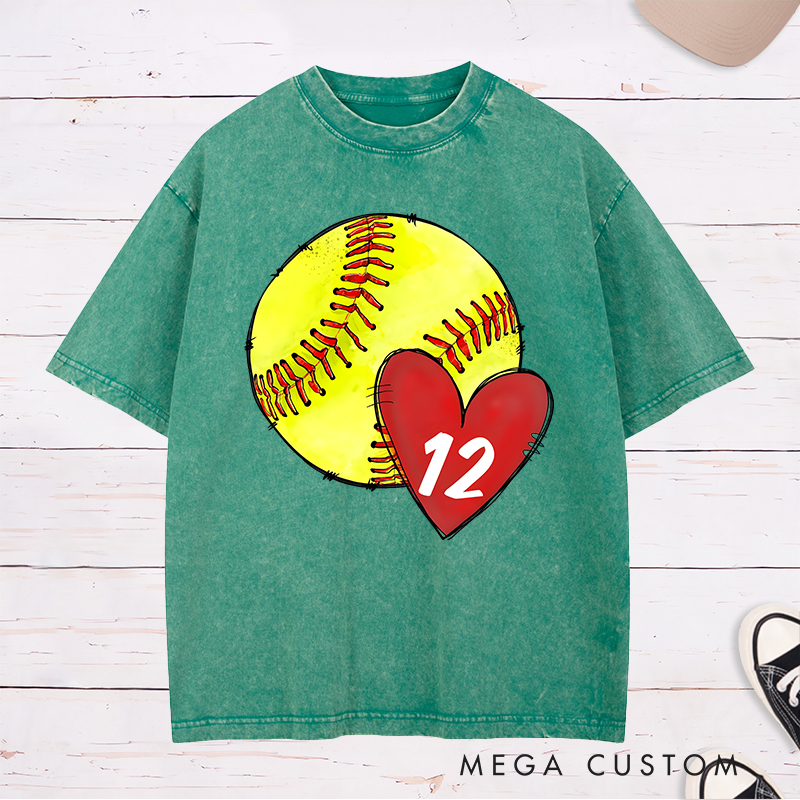 Personalized Softball Washed T-Shirt Design Featuring Hand-Drawn Softball Graphic Heart Element and Customizable Player Jersey Number for a Unique Supportive Look