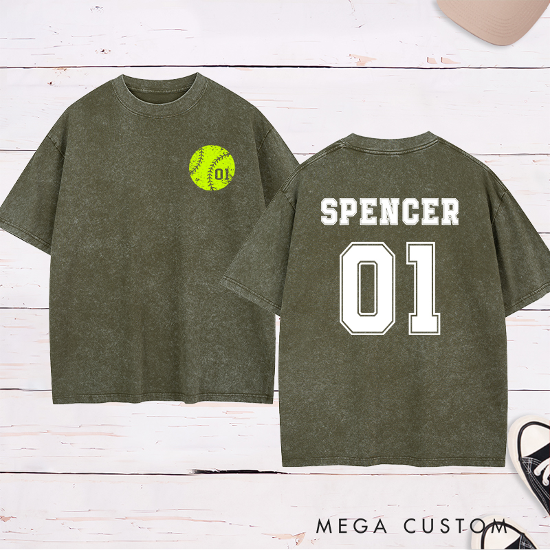 Personalized Softball Washed T-Shirt Design Featuring Custom Player Name Jersey Number and Bold Softball Graphic