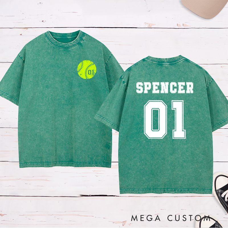 Personalized Softball Washed T-Shirt Design Featuring Custom Player Name Jersey Number and Bold Softball Graphic