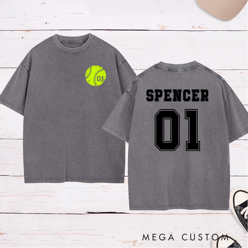 Personalized Softball Washed T-Shirt Design Featuring Custom Player Name Jersey Number and Bold Softball Graphic