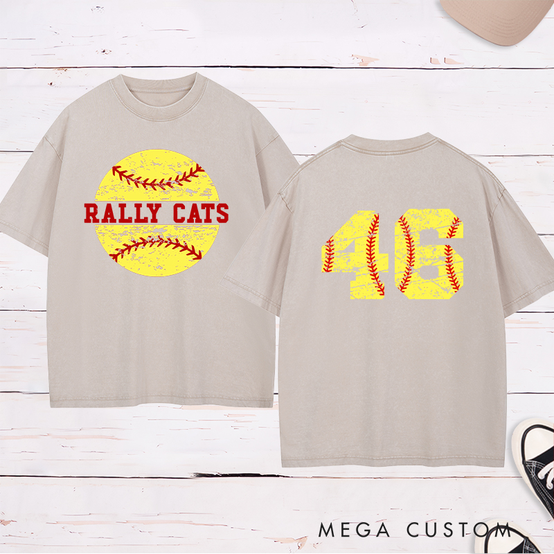 Personalized Softball Washed T-Shirt Design Featuring Custom Team Name Distressed Softball Graphic and Bold Jersey Number on the Back