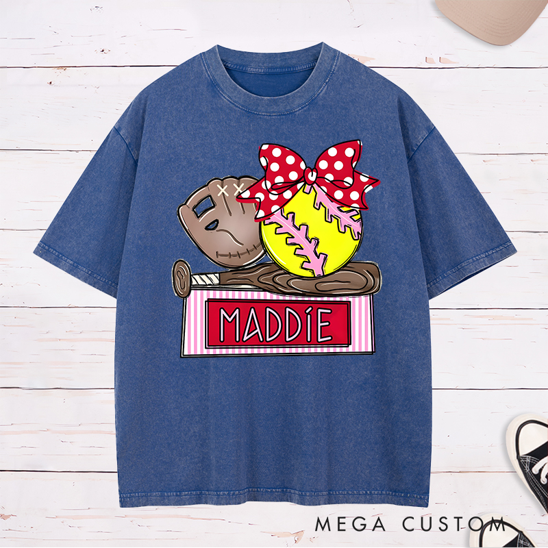 Personalized Softball Washed T-Shirt Design Featuring Custom Name Bright Softball Graphic and Playful Bow Accent