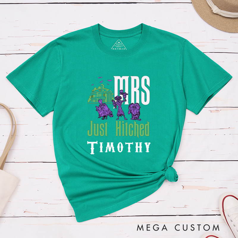 Personalized Halloween Mr and Mrs Just Hitched Couple Just Married Matching T-Shirt 