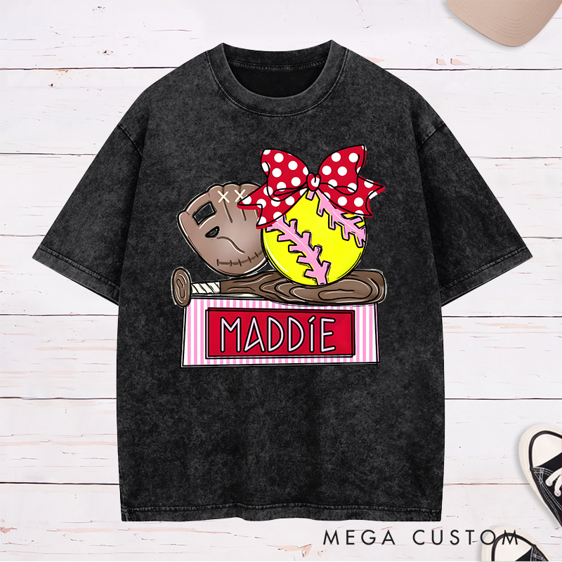 Personalized Softball Washed T-Shirt Design Featuring Custom Name Bright Softball Graphic and Playful Bow Accent
