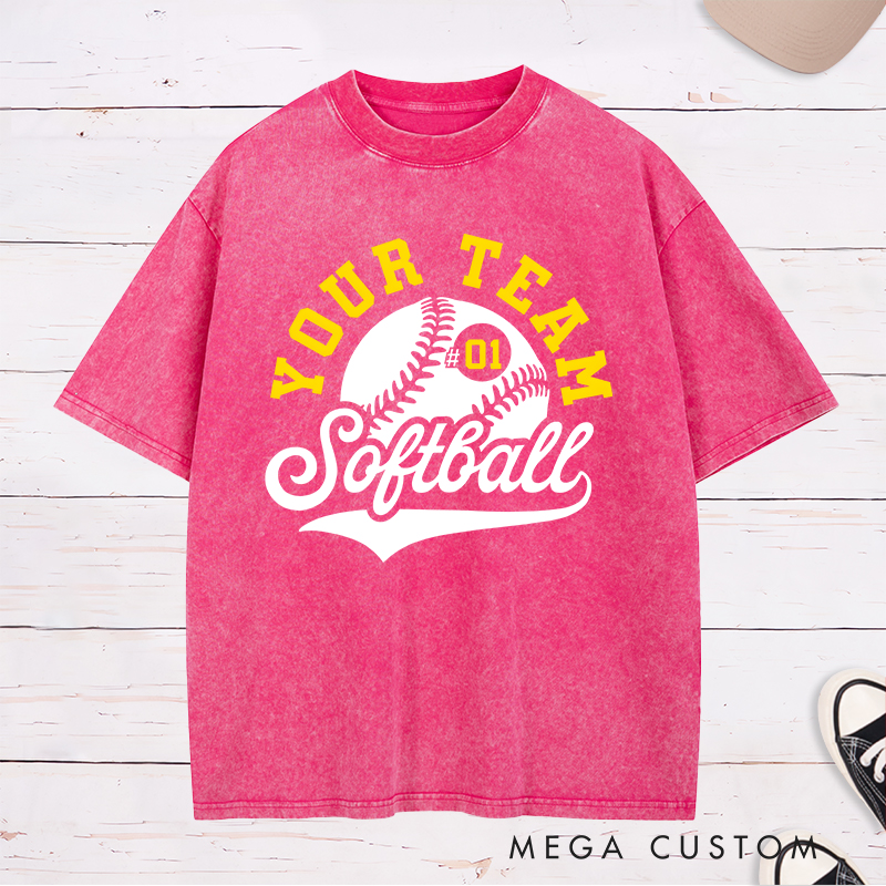 Personalized Softball Washed T-Shirt Team Logo Design Featuring a Customizable Team Name Dynamic Softball Graphic and Customizable Player Number