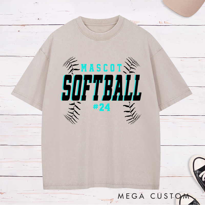 Personalized Softball Washed T-Shirt Team Design Featuring Bold Fixed Text a Dynamic Softball Stitching Graphic and Customizable Team Name and Player Number