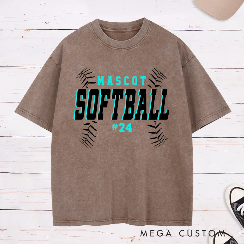 Personalized Softball Washed T-Shirt Team Design Featuring Bold Fixed Text a Dynamic Softball Stitching Graphic and Customizable Team Name and Player Number