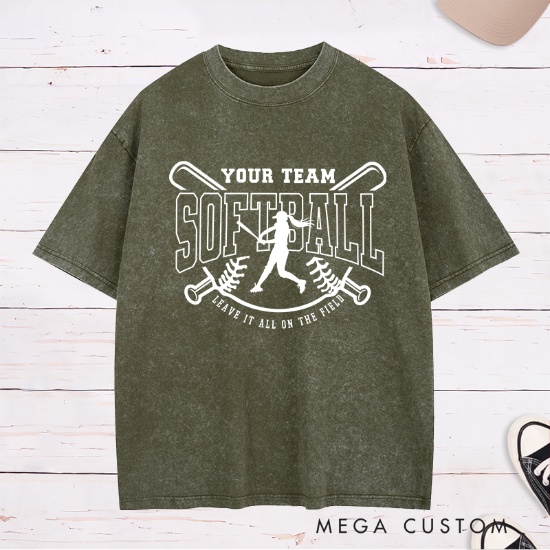 Softball Team Washed T-Shirt Featuring Customizable Team Name Player Silhouette and Motivational Slogan Design