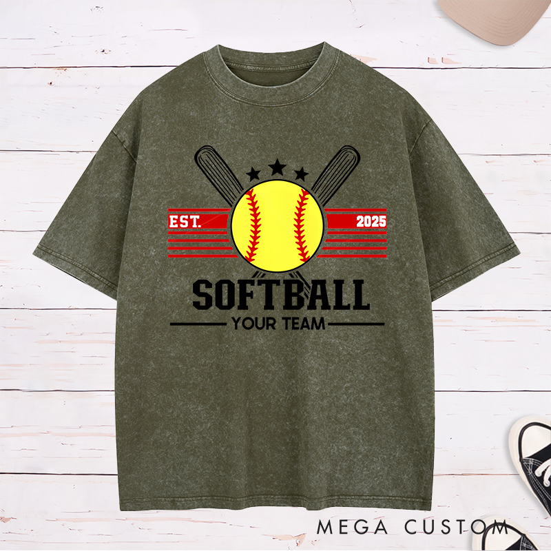 Personalized Softball Washed T-Shirt Team Logo Design Featuring a Customizable Year Team Name Bold Graphics and Classic Sports Elements