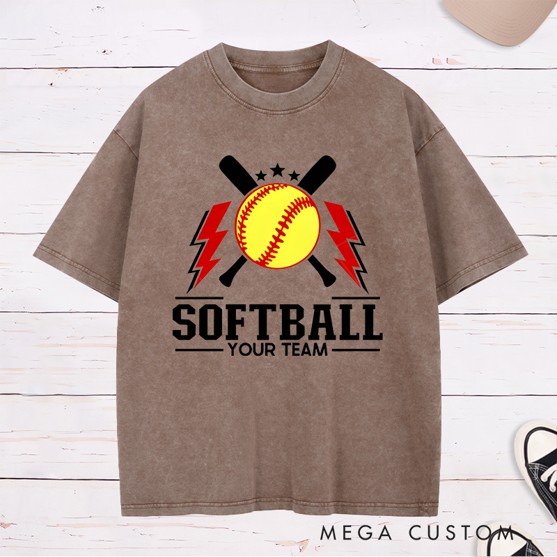 Personalized Softball Team Washed T-Shirt Design Featuring Customizable Team Name Bold Softball Graphics Crossed Bats and Striking Lightning Elements
