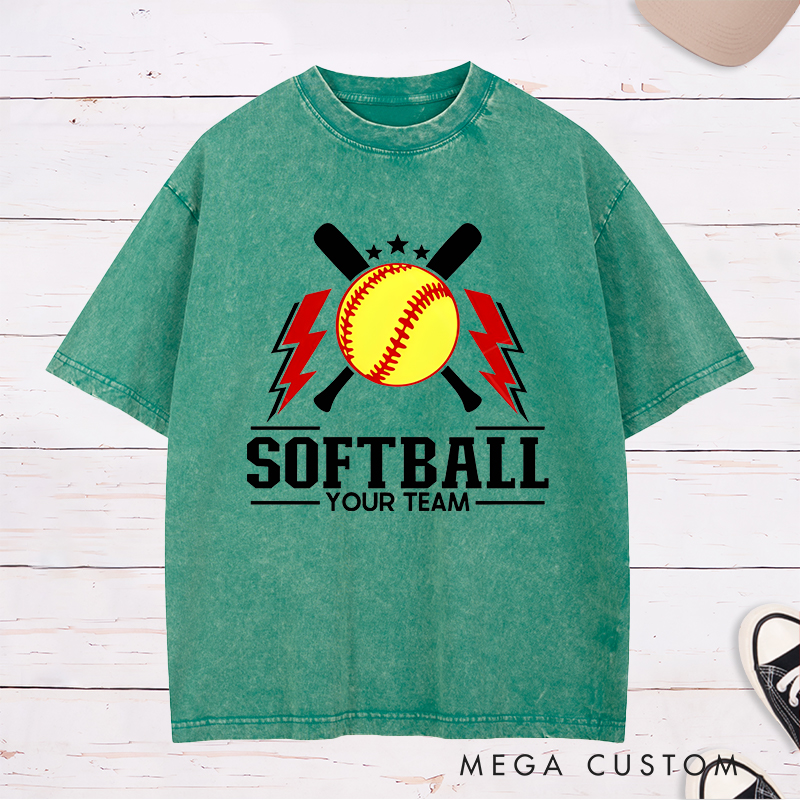 Personalized Softball Team Washed T-Shirt Design Featuring Customizable Team Name Bold Softball Graphics Crossed Bats and Striking Lightning Elements