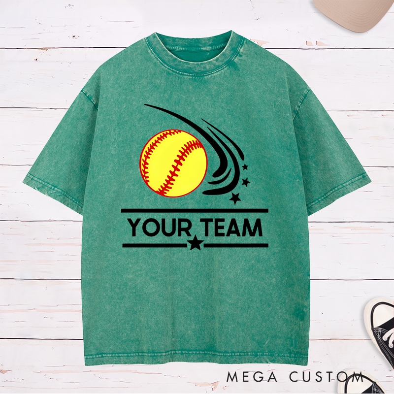 Personalized Softball Team Washed T-Shirt Design Featuring Customizable Team Name Dynamic Softball Motion Graphic and Star Accents