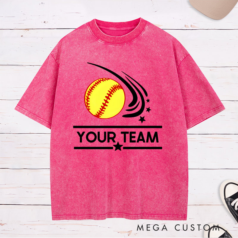 Personalized Softball Team Washed T-Shirt Design Featuring Customizable Team Name Dynamic Softball Motion Graphic and Star Accents