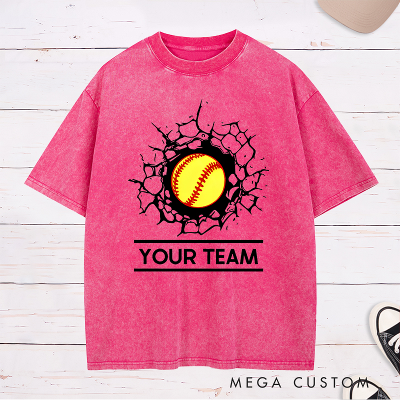 Personalized Softball Team Washed T-Shirt Design Featuring Customizable Team Name Bold Softball Graphic and Dynamic Cracked Wall Effect
