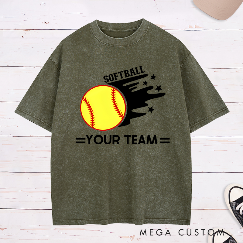 Personalized Softball Team Washed T-Shirt Design Featuring Customizable Team Name Bold Motion Trail Graphic with Stars and Striking Softball Element