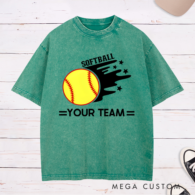 Personalized Softball Team Washed T-Shirt Design Featuring Customizable Team Name Bold Motion Trail Graphic with Stars and Striking Softball Element