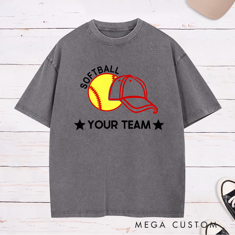 Personalized Softball Team Washed T-Shirt Design Featuring Customizable Team Name Bold Softball Graphic and Baseball Cap Element