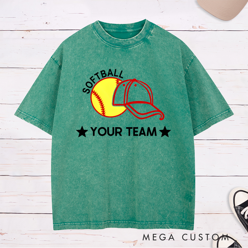 Personalized Softball Team Washed T-Shirt Design Featuring Customizable Team Name Bold Softball Graphic and Baseball Cap Element