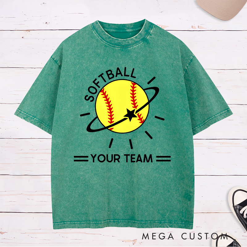 Personalized Softball Team Washed T-Shirt Design Featuring Customizable Team Name Vibrant Softball Graphic with Orbiting Star and Radiating Lines