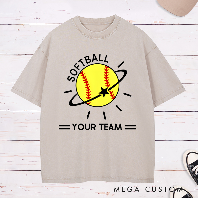 Personalized Softball Team Washed T-Shirt Design Featuring Customizable Team Name Vibrant Softball Graphic with Orbiting Star and Radiating Lines