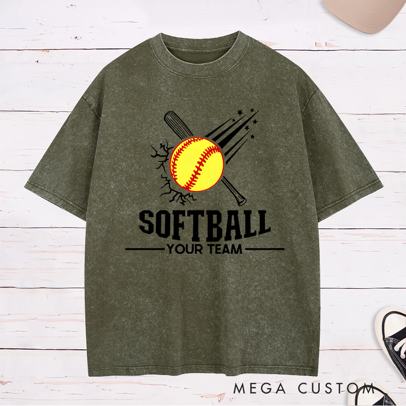 Personalized Softball Team Washed T-Shirt Design Featuring Customizable Team Name Explosive Softball Graphic with Bat and Shooting Star Accents