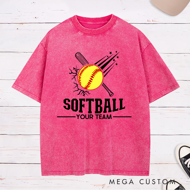 Personalized Softball Team Washed T-Shirt Design Featuring Customizable Team Name Explosive Softball Graphic with Bat and Shooting Star Accents