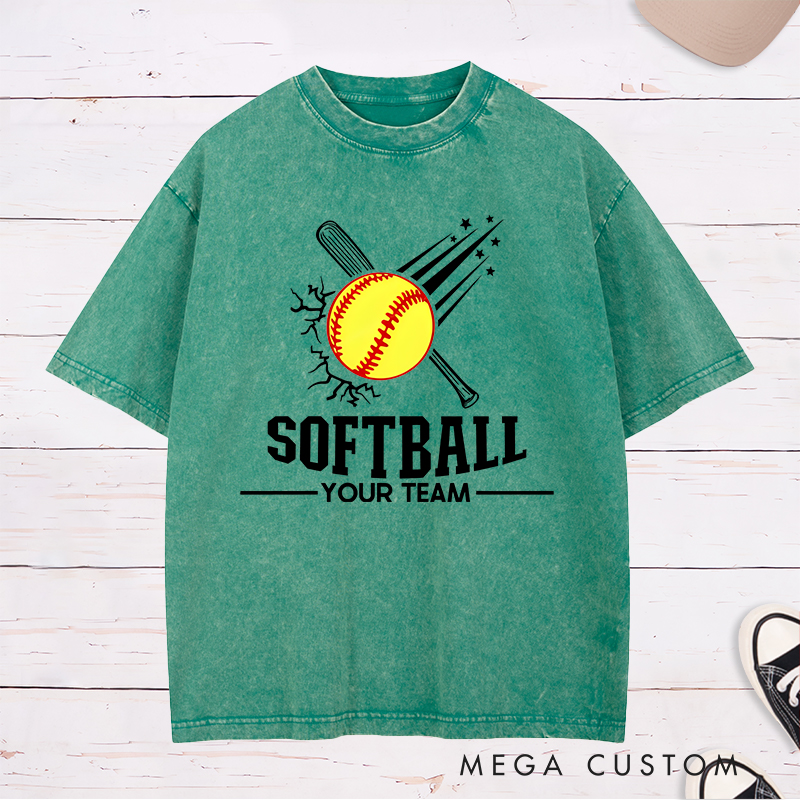 Personalized Softball Team Washed T-Shirt Design Featuring Customizable Team Name Explosive Softball Graphic with Bat and Shooting Star Accents