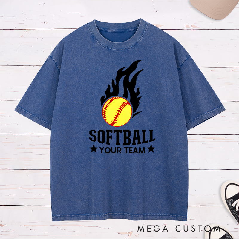 Personalized Softball Team Washed T-Shirt Design Featuring Customizable Team Name Fiery Softball Graphic with Bold Star Accents