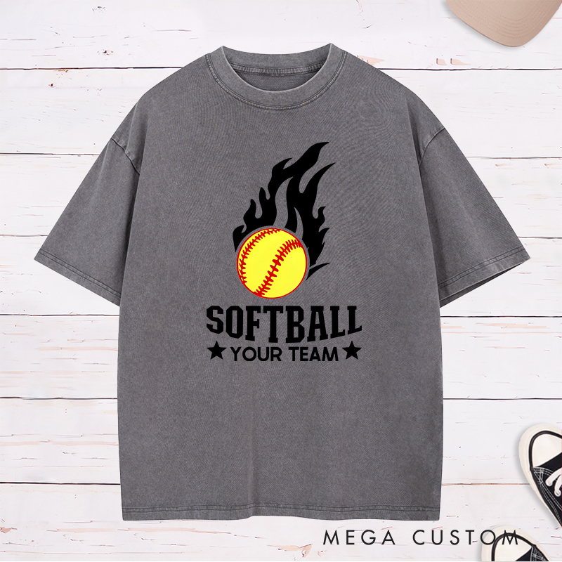 Personalized Softball Team Washed T-Shirt Design Featuring Customizable Team Name Fiery Softball Graphic with Bold Star Accents