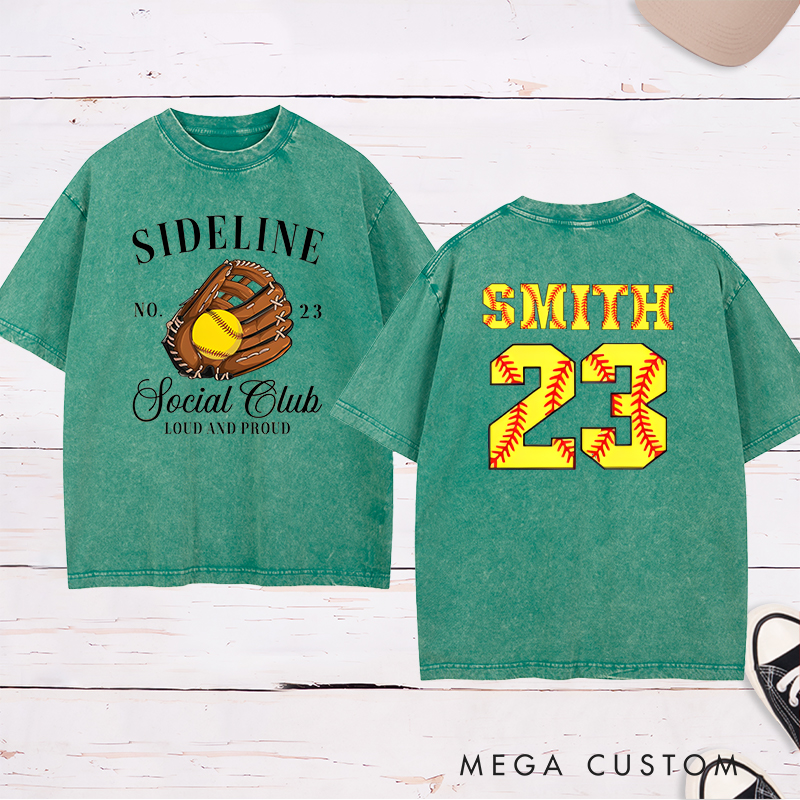 Personalized Softball Sideline Social Club Washed T-Shirt with Custom Name and Number Perfect Gift for Proud Fans Supporters and Players