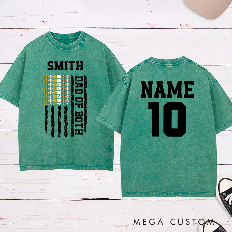 Personalized Dad of Both Washed  T-Shirt with Custom Name and Dual Sports Design Perfect Gift for Proud Softball and Baseball Dads