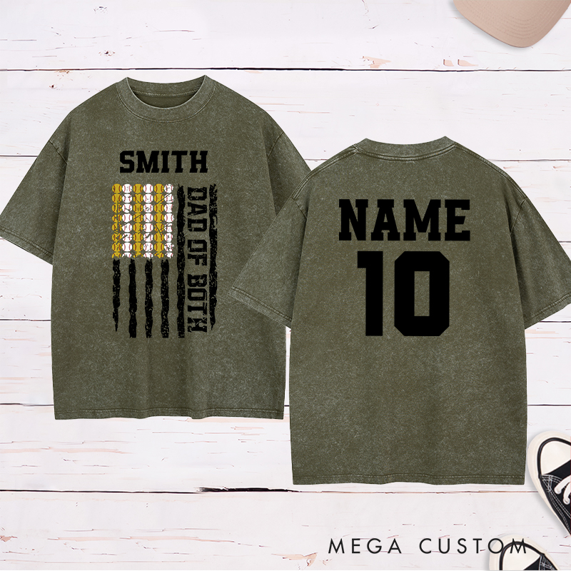 Personalized Dad of Both Washed  T-Shirt with Custom Name and Dual Sports Design Perfect Gift for Proud Softball and Baseball Dads