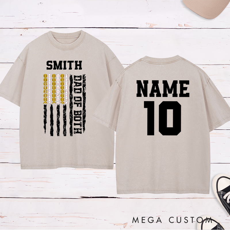 Personalized Dad of Both Washed  T-Shirt with Custom Name and Dual Sports Design Perfect Gift for Proud Softball and Baseball Dads