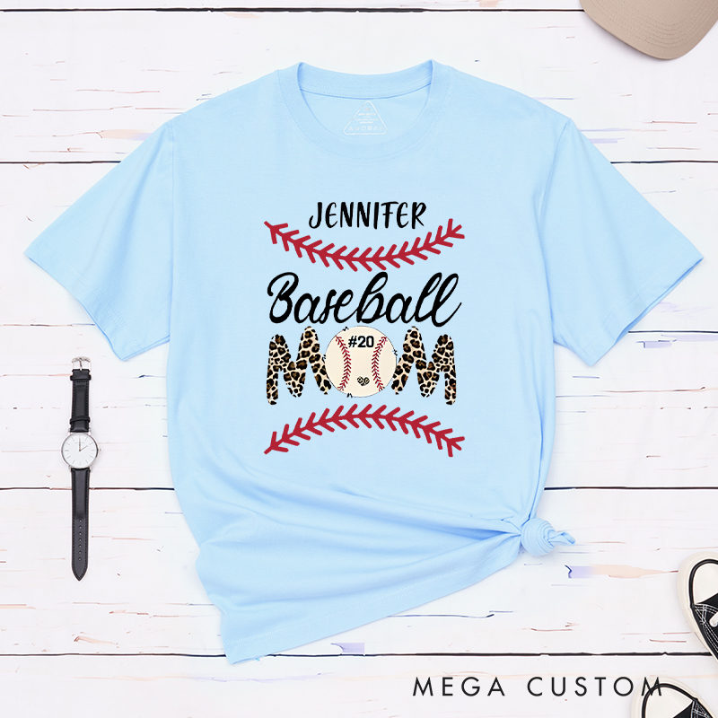 Personalized Baseball Mom Shirt with Stylish Leopard Print and Number