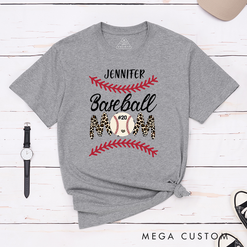 Personalized Baseball Mom Shirt with Stylish Leopard Print and Number