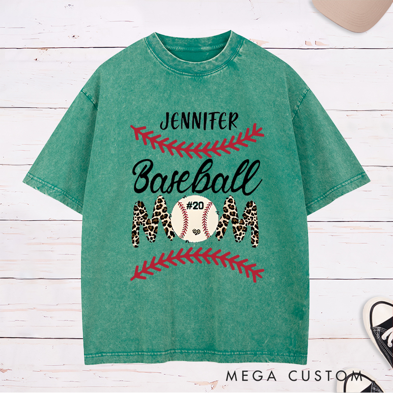 Personalized Baseball Mom Washed T-Shirt with Stylish Leopard Print and Number