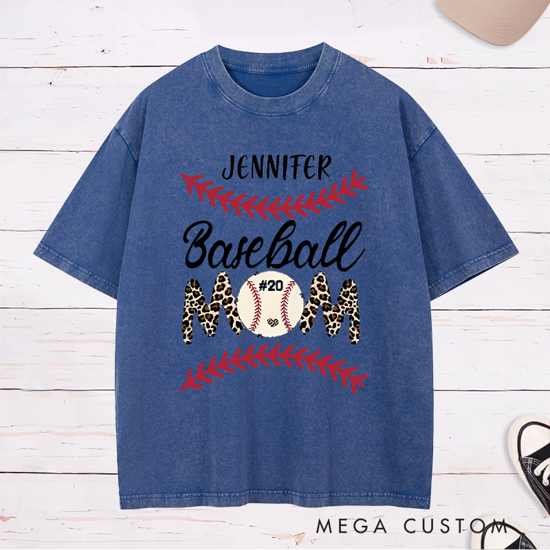 Personalized Baseball Mom Washed T-Shirt with Stylish Leopard Print and Number