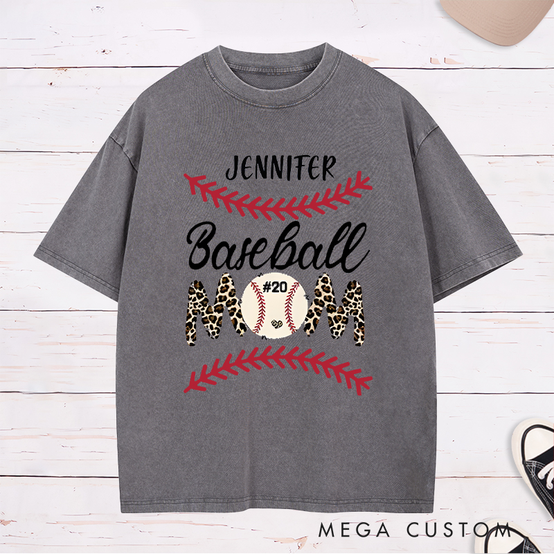 Personalized Baseball Mom Washed T-Shirt with Stylish Leopard Print and Number