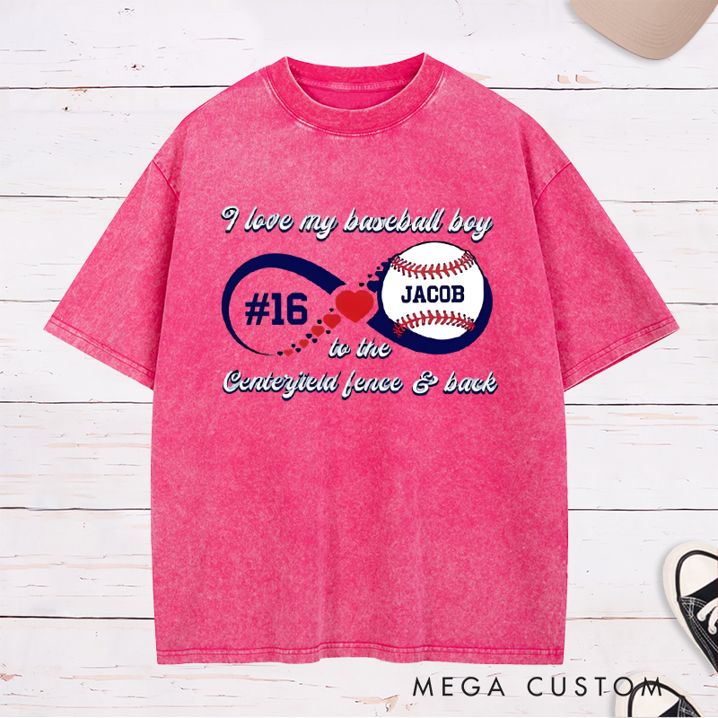 Personalized “I Love My Baseball Boy” Washed T-Shirt with Custom Name and Number  
